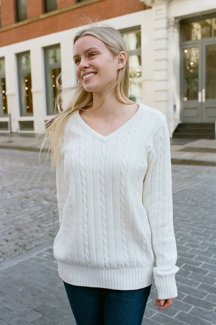 Brandy Melville Ida Cotton Cable Knit V-Neck Sweater