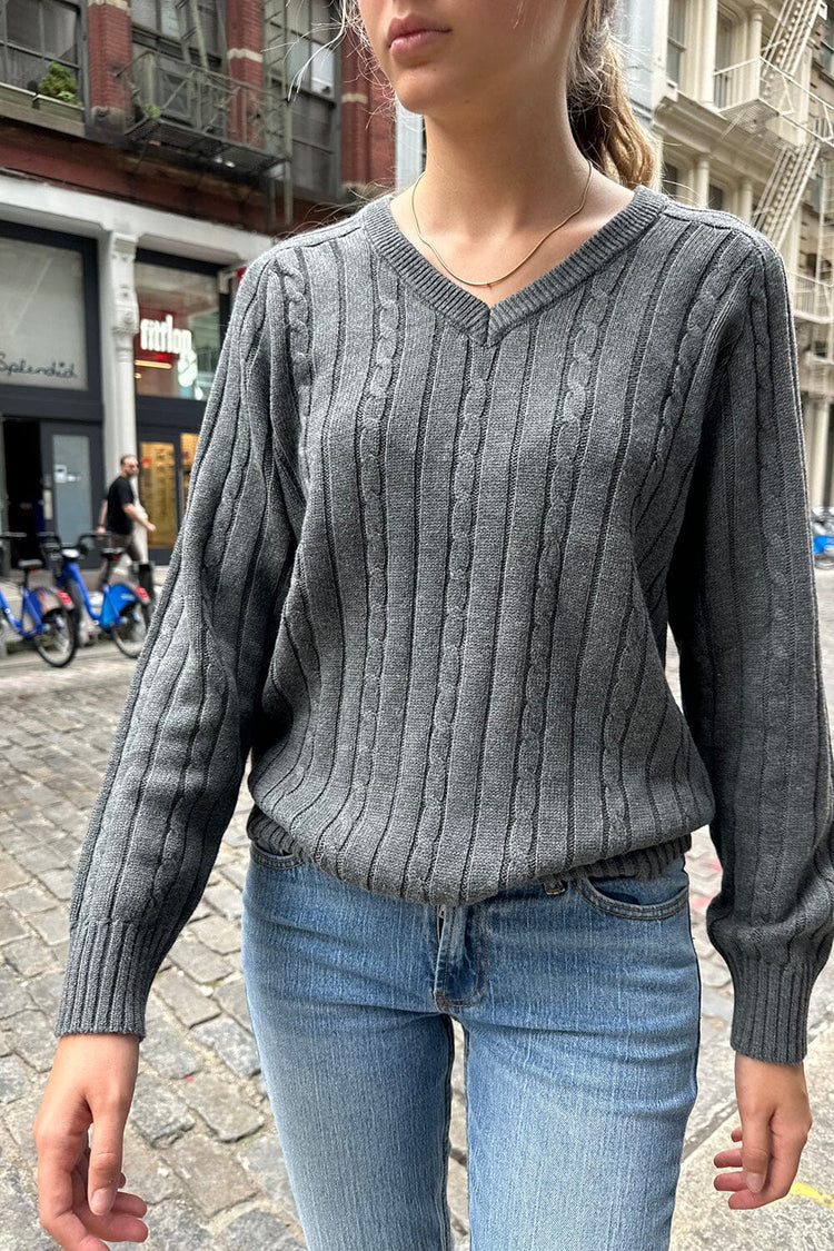 Brandy Melville Ida Cotton Cable Knit V-Neck Sweater