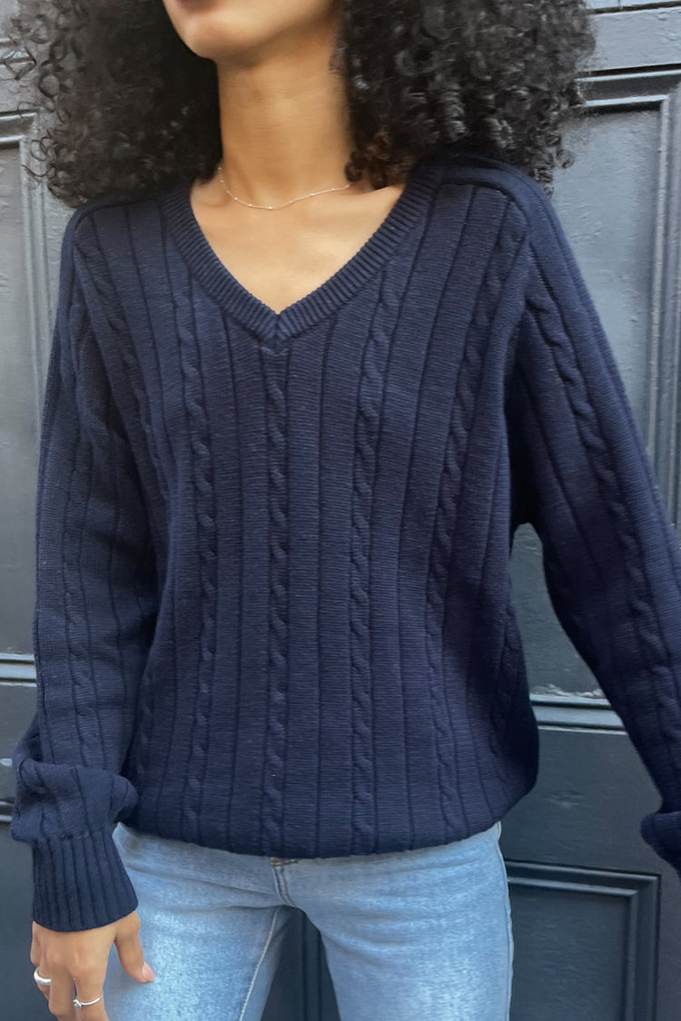 Brandy Melville Ida Cotton Cable Knit V-Neck Sweater